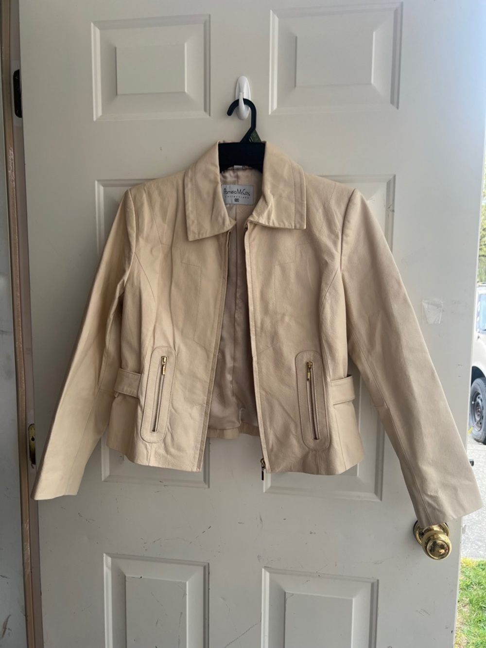 Pamela McCoy Beige Leather Zip-Front Jacket